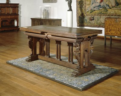 Walnut table with drawers on oak frame with Tuscan columns, 1550-1600 by School Netherlandish