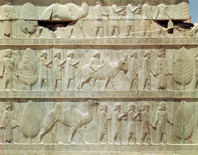 Detail of the relief frieze on the East stairway to the Apadana depicting delegates from the subject lands of the empire bearing lavish gifts for a ceremony, Achaemenian period by School Persian