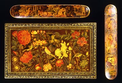 Two Qajar lacquer papier mache qalamdans and a Zand mirror case by School Persian