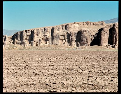 View of the Necropolis and the Four tombs belonging to Achaemenid kings, from left to right, Arius II, Artaxerxes I and Darius I the Great by School Persian