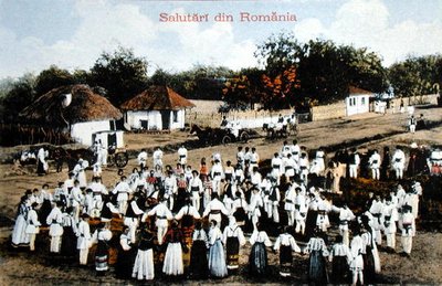 Postcard Depicting Romanians Dancing in a Village by School Romanian