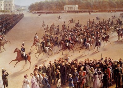 Parade on the Champs de Mars, in the foreground Alexandre Pushkin and Nicolas I on a horse going to the front of the empress in a carriage in Paris (detail). Painting of the Russian School. Saint Petersburg by School Russian
