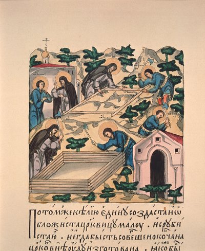 Saint Sergius of Radonezh and His Brother Saint Stephen Building the Church in Honor of the Holy Trinity on Mount Makovets by School Russian
