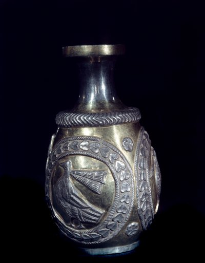 Sassanid crafts: gold silver carafe decorated with three medallions with embossed roosters by School Sasanian