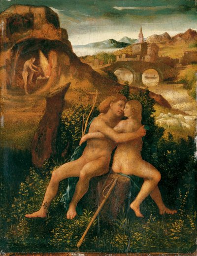 Venus and Mars in a River Landscape with Vulcan Labouring in His Forge by School Venetian