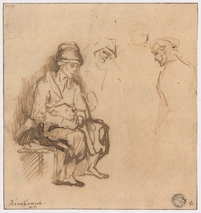 Woman Seated on Bench and Three Sketches of Heads by School of Rembrandt van Rijn