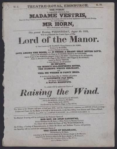 Theatre Programme for the Theatre Royal, Edinburgh, 20 August 1823 by Scottish School