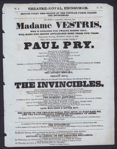 Theatre programme for the Theatre Royal, Edinburgh, 5 October 1829 by Scottish School