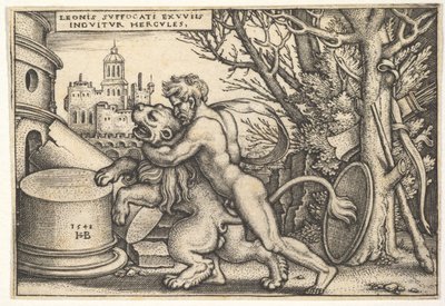 Hercules, in Profile, Killing the Nemean Lion with His Arm Around Its Neck, from 