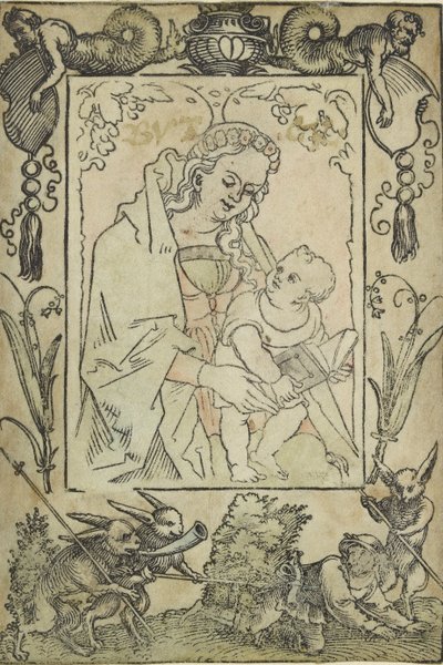 The Virgin and Child surrounded by a border with a hunter and some rabbits by Sebald Beham