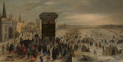 The Crane on the Antwerp Quay by the Frozen Scheldt by Sebastiaen Vrancx