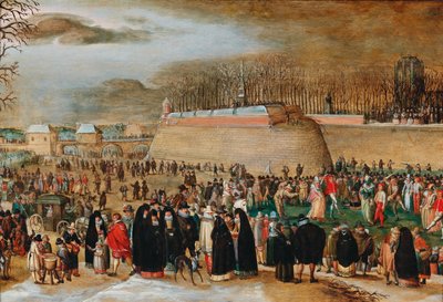 Winter landscape with a carnival scene near the Kipdorppoort Bastion in Antwerp by Sebastiaen Vrancx