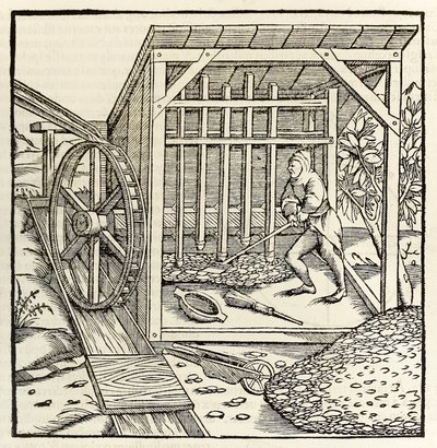 Mining with water wheel, from 1550 edition of Cosmographia by Sebastian Munster by Sebastian Munster