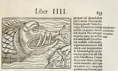 Monstrous whale devouring humans, from 1550 edition of Cosmographia by Sebastian Munster by Sebastian Munster