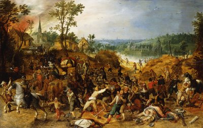 A Landscape with Marauders attacking a Wagon Train and Pillaging a Village by Sebastian Vrancx