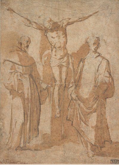 Christ on the Cross Flanked by Two Saints by Sebastiano Vini
