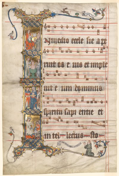 Leaf from the Wettinger Gradual: Historiated Initial (I) with Scenes from the Life of St. Augustine by Second Master of the Wettinger Gradual
