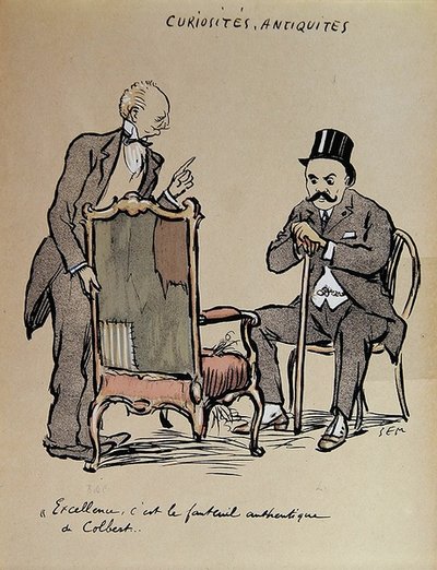Rich Art Collector inspecting a chair allegedly owned by Colbert. c.1919 by Sem