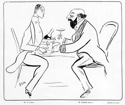 Cartoon by Nijuisky and Gabriel Astri in a cafe, drawing by Sem (1863 - 1934). by Sem