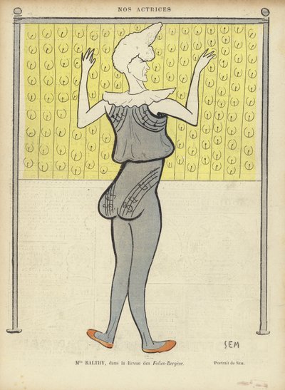 Louise Balthy, French actress, at the Folies-Bergere, illustration for Le Rire by Sem