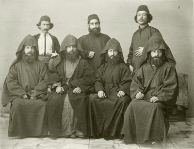 Group of 4 Armenian Priests and 3 Others in the Courtyard at the Mediterranean Hotel, Jerusalem, 1867 by Sergeant Henry Phillips