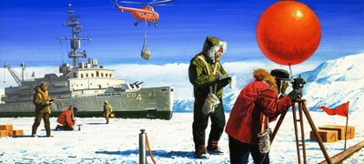Dr Vivian Fuchs carries out scientific experiments in the Antarctic by Severino Baraldi