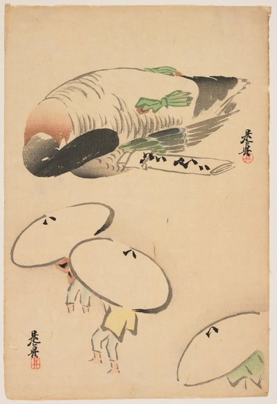 (Pheasant/Three Men with Umbrellas) by Shibata Zeshin