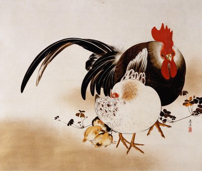 Hanging scroll depicting a Cockerel, hen and chicks by Shibata Zeshin