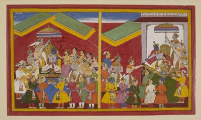Rama Is Crowned and Rewards His Allies; Sita Gifts Her Necklace to Hanuman by S?hibdin S?hibdin