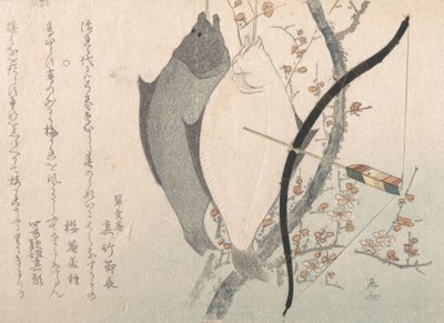 Halibuts and a Bow with Arrow Hanging on a Plum Tree by Shinsai