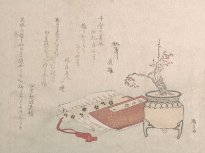 Potted Plum Tree in Blossom and Books, 19th Century by Shinsai