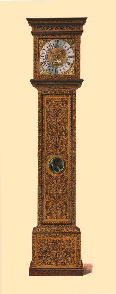 Clock inlaid with dark marquetry, 1905 by Shirley Charles Llewellyn Slocombe