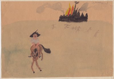 Girl on Horse Fleeing Flaming Fort by Shirley Markham