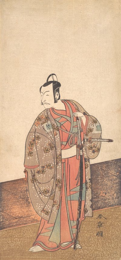 The Actor Ichikawa Danjuro V Standing Inside of a House and in Front of an Engawa by Shunsho