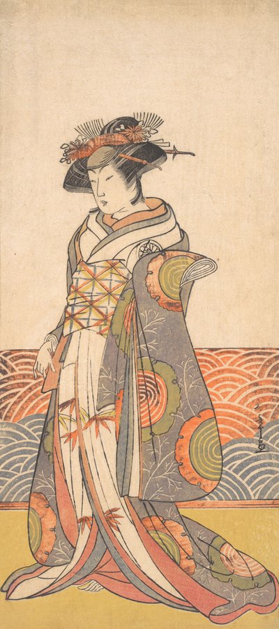 The Third Segawa Kikunojo as a Woman Standing in a Room Having a Wave-pattern Dado by Shunsho