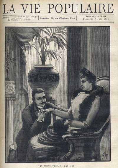 A man on his knees is holding the hand of an elegant woman, sitting in a bourgeois living room, wearing his coat, a sleeve and a fur scarf. Illustration for Le Seducteur by Gyp (Sibylle Gabrielle Marie Antoinette Riquetti de Mirabeau, Countess of Martel by Sibylle Gabrielle de Riquetti de Mirabeau