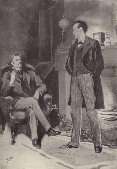 Then he stood by the fire: scene from the Sherlock Holmes mystery A Scandal in Bohemia by Arthur Conan Doyle by Sidney Paget