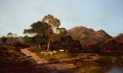 A Milkmaid Crossing A Ford with Sheep and Cattle Beyond by Sidney Richard Percy