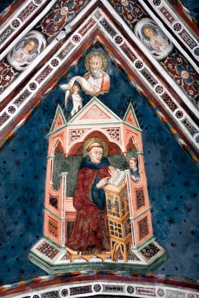 View of the Detail of a Fresco Decorating One of the Vaults of the Upper Church Representing the Four Doctors of the Roman Church: St. Gregory I the Great and the Evangelist Saint Matthew by Sienese School