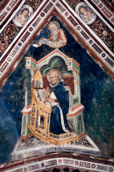View of the Detail of a Fresco Decorating One of the Vaults of the Upper Church Representing the Four Doctors of the Roman Church: Saint Augustine of Hippo and the Evangelist Saint John, Monastery of Saint Benedetto, Subiaco, Rome, Italy by Sienese School