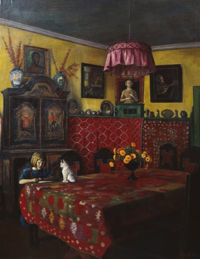 Interior with Girl and Cat by Sigmund Sinding
