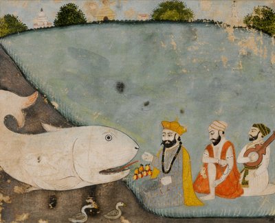 Guru Nanak with Bala, Mardana and the Great Fish (Vishnu in Matsyavatara) by Sikh School