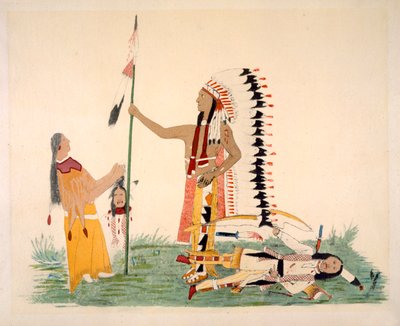Comanche and his wife encounter and fight with a Ute, from a series of legendary episodes painted by the artist by Silver Horn