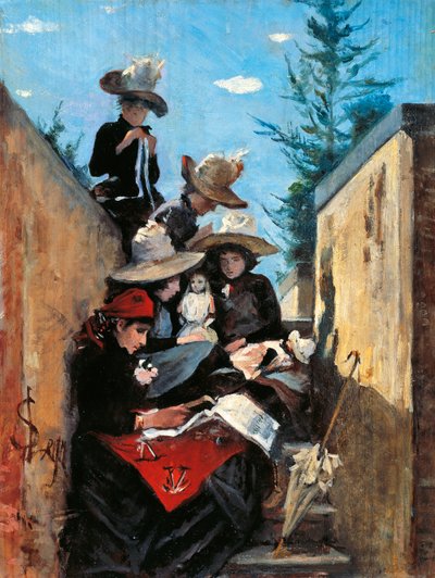 Mrs. Clementina Fiorini with Her Daughters in Poggio Piano by Silvestro Lega