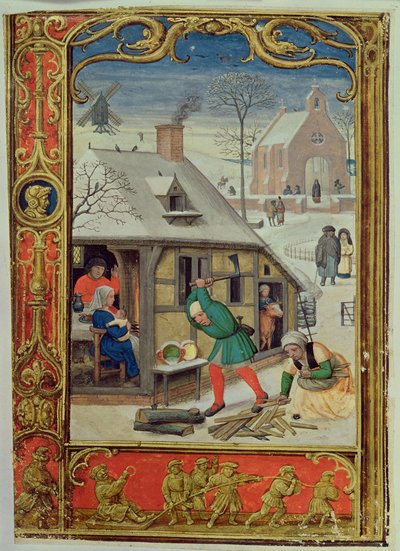 January: Chopping logs, and sledging, from a Book of Hours, or the Golf Book, c.1520-30 by Simon (workshop of) Bening