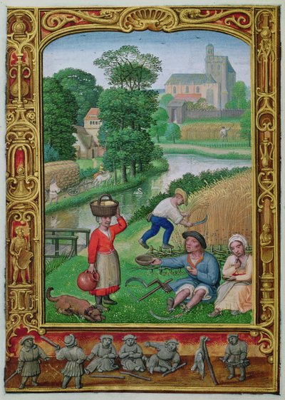 August: Harvesting near a river, from a Book of Hours, or the Golf Book, c.1520-30 by Simon (workshop of) Bening