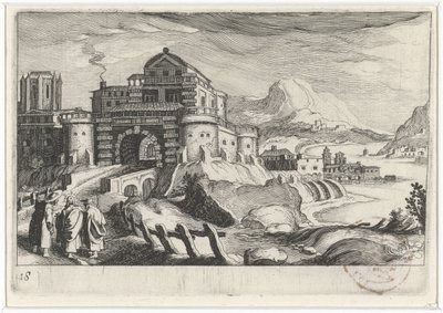 Disciples at Emmaus before a City Gate in a Mountain Landscape (Southern European Landscapes series) by Simon Frisius