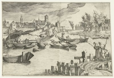River landscape with a city in the background (Landscapes with figures series) by Simon Frisius