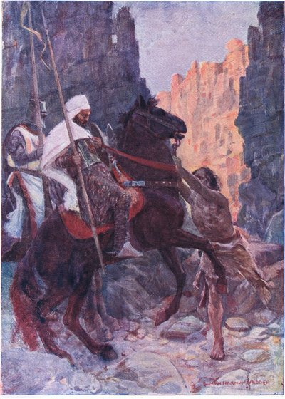 A tall man clothed in goats skins sprang into the middle of the path and seized a rein of the Saracen