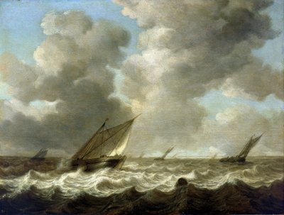 Fishing boats on rough seas, on the skyline the Dutch coast is visible by Simon Jacobsz. Vlieger